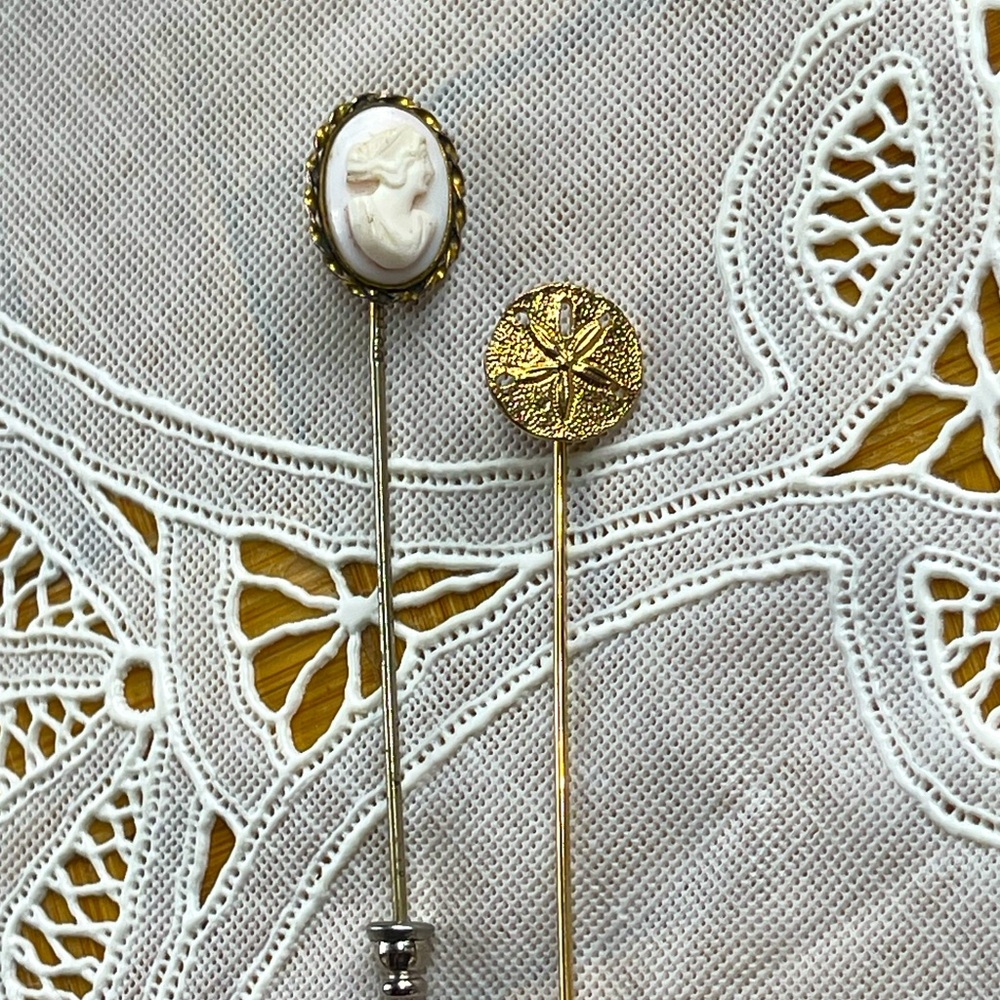 Vintage cameo & 925 sand dollar stick pins boho Victorian
